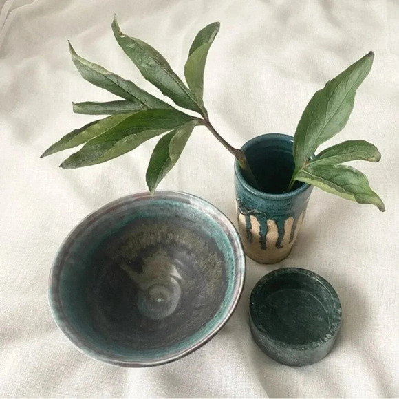 Vintage Green Marble Dish and Emerald Green StonewareVase and Bowl Sets - Picture 1 of 16
